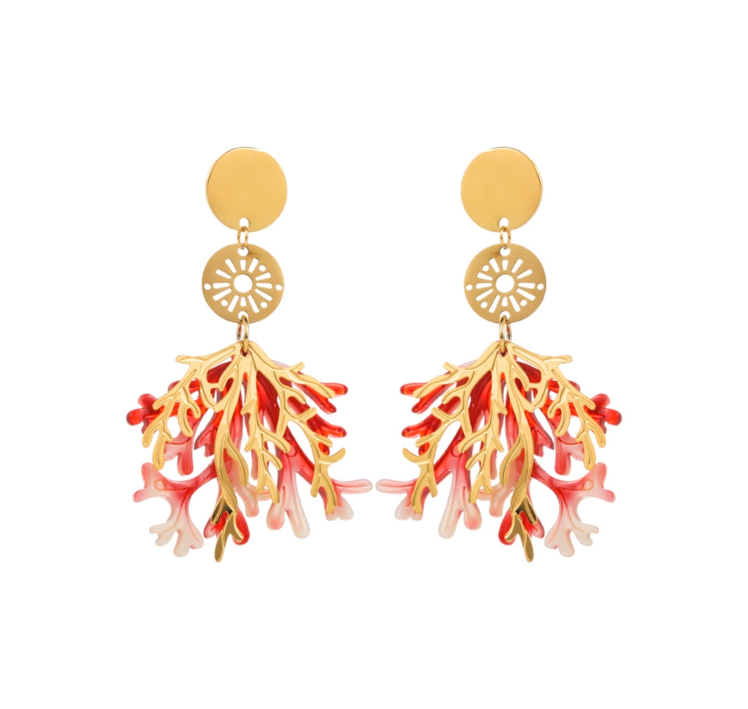 boucles oreilles femme acier inoxydable dore algues corail resine rouge tourmalyn bijoux