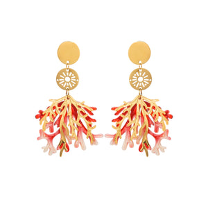 boucles oreilles femme acier inoxydable dore algues corail resine rouge tourmalyn bijoux