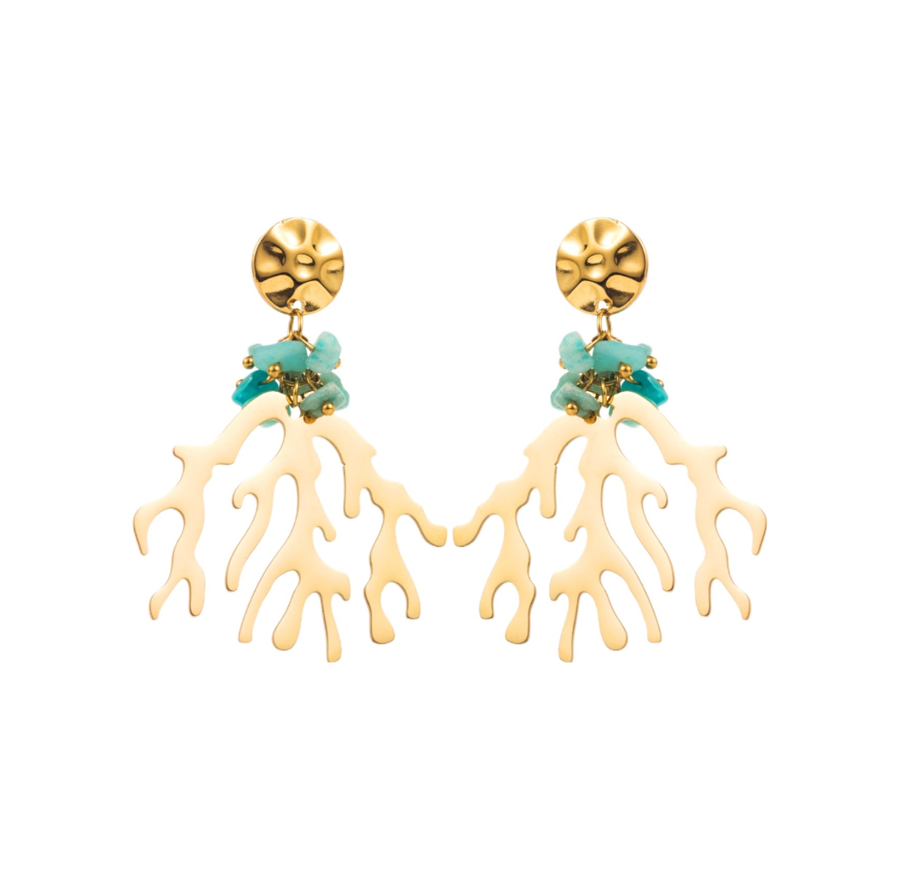 boucles oreilles femme acier inoxydable dore algues marines amazonite tourmalyn bijoux