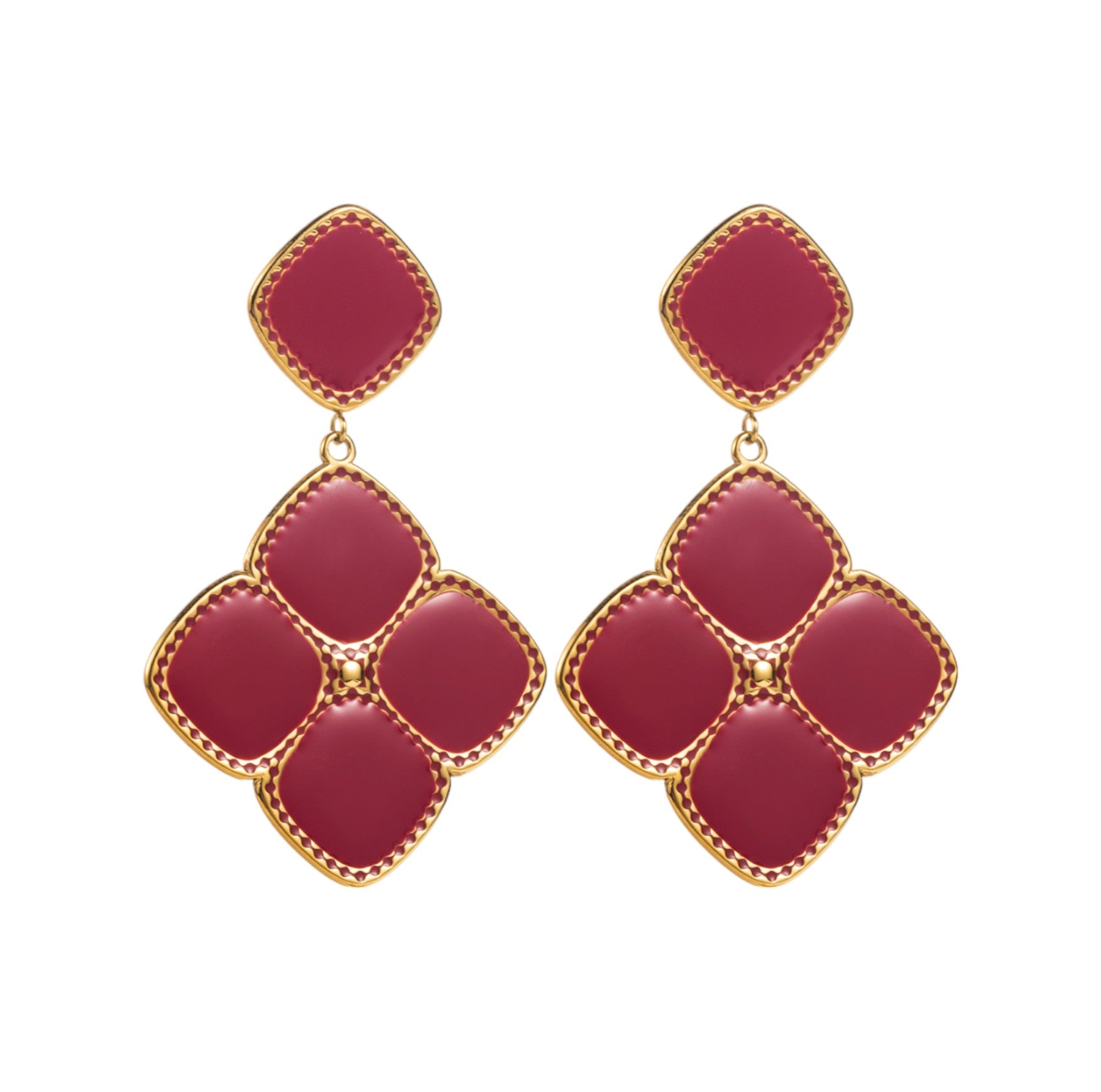 boucles oreilles femme acier inoxydable doré émail framboise tourmalyn bijoux